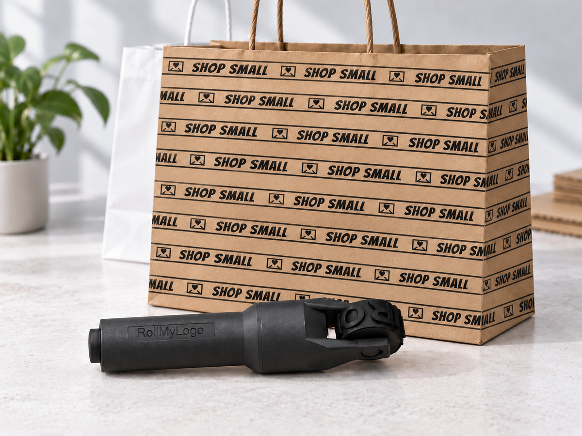RollMyLogo product visualization: repeated SHOP SMALL imprints across a kraft paper shopping bag