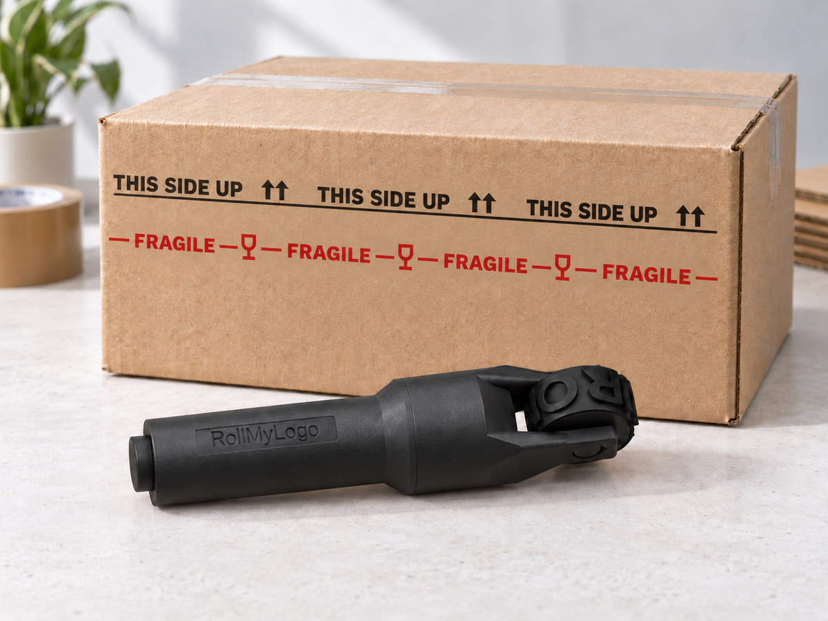 RollMyLogo product visualization: red FRAGILE and black THIS SIDE UP imprints across a kraft shipping box