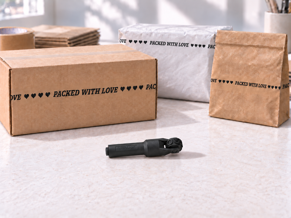 RollMyLogo product visualization: continuous PACKED WITH LOVE repeats on a box, wrapped parcel and paper pouch