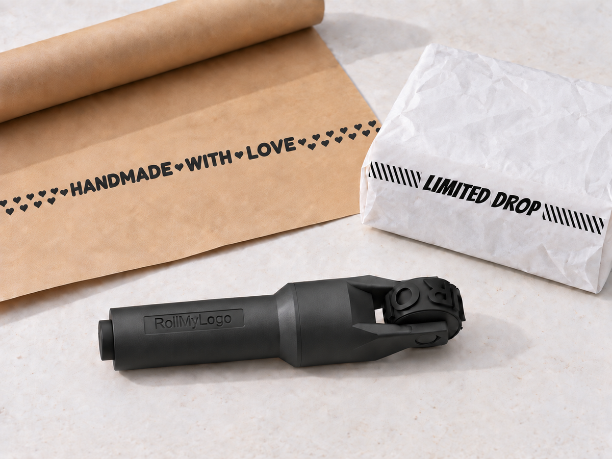 RollMyLogo product visualization: HANDMADE WITH LOVE and LIMITED DROP imprints on kraft wrap and white tissue paper