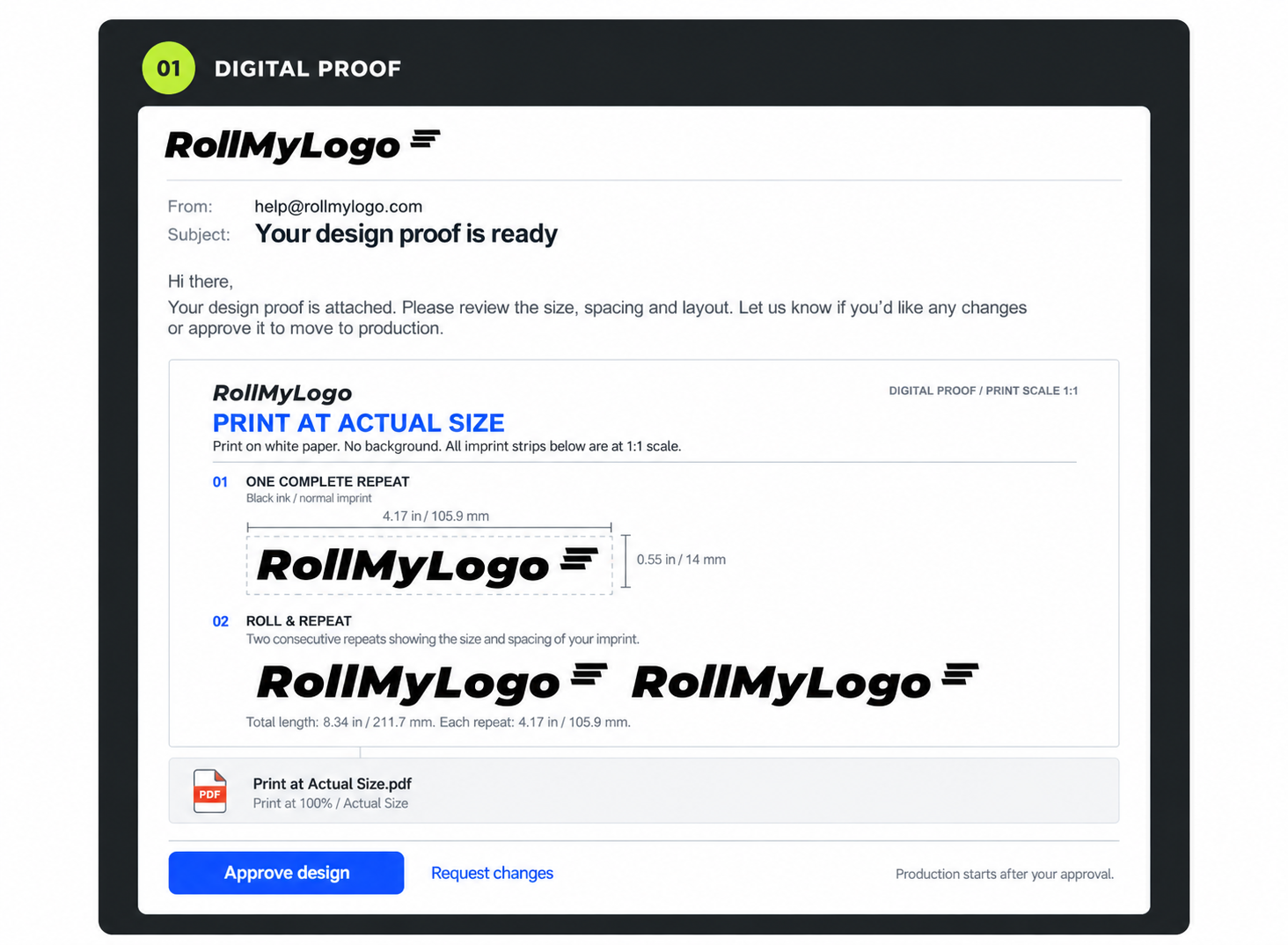 Digital proof email with a printable PDF of your imprint, dimensions, and options to approve the design or request changes